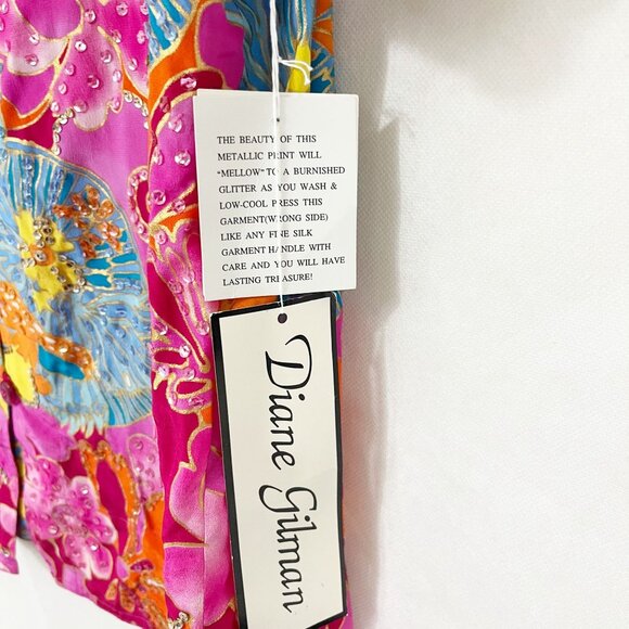 NEW Diane Gilman Pink Multicolor Beaded Artsy Long Sleeve Blouse Silk LARGE - Picture 5 of 8